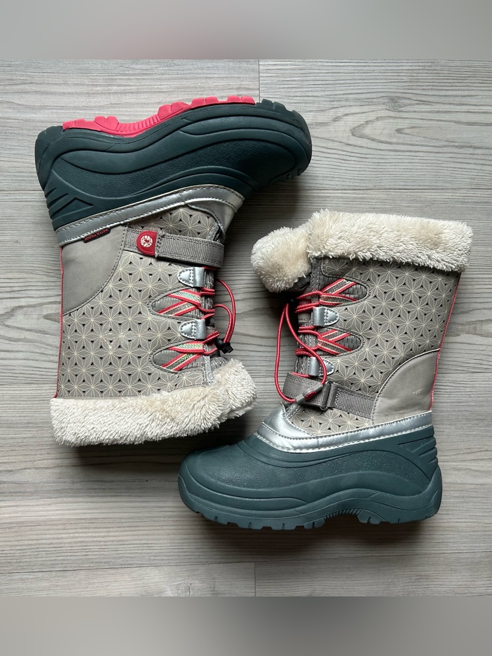 Cozy Winter Snow Boots in Gray with Red Accents